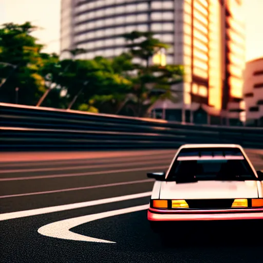 Image similar to a car drifting JZX100 on Ebisu Circuit, Shibuya prefecture, city sunset, cinematic color, photorealistic, highly detailed, bokeh, DOF, octane render