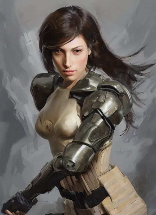 Image similar to a professional painting of a beautiful young female, clothed in military armor, olive skin, long dark hair, beautiful bone structure, symmetrical facial features, intricate, elegant, digital painting, concept art, smooth, sharp focus, illustration, from Metal Gear, by Ruan Jia and Mandy Jurgens and Artgerm and William-Adolphe Bouguerea