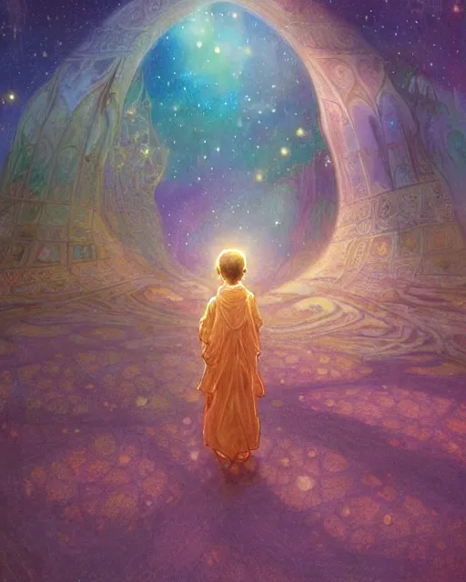 Image similar to bedouin child praying in galaxy walking towards mosque surrounded by nebula, highly detailed, gold filigree, romantic storybook fantasy, soft cinematic lighting, award, disney concept art watercolor illustration by mandy jurgens and alphonse mucha and alena aenami, pastel color palette, featured on artstation