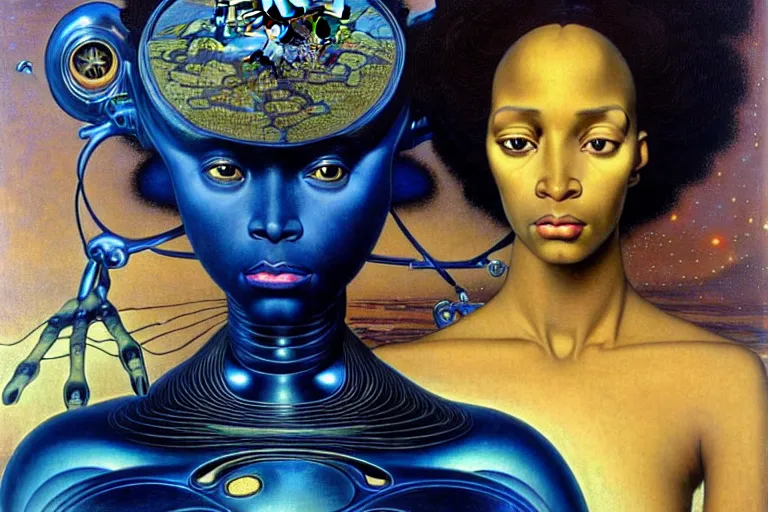 Image similar to realistic extremely detailed portrait painting of a beautiful black woman with a robot, futuristic sci-fi landscape on background by Jean Delville, Amano, Yves Tanguy, Mark Brooks, Alphonse Mucha, Ernst Haeckel, Edward Robert Hughes, Roger Dean, rich moody colours, blue eyes