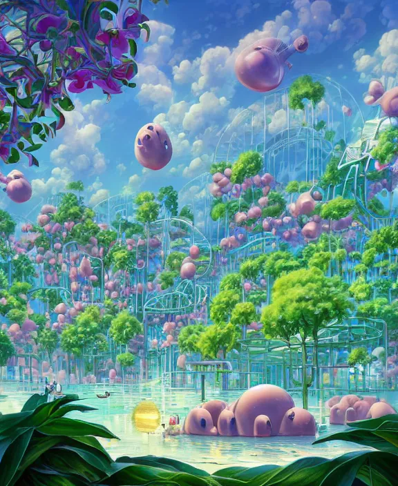 Image similar to simplicity, an elegant amusement park made out of seamless fat asymmetrical organic creatures, in the style of an aerodynamic blobby spaceship, overgrown with orchids, partly cloudy, sun - drenched, dramatic lighting, by dan mumford, yusuke murata, makoto shinkai, ross tran, cinematic, unreal engine, cel shaded, featured on artstation, pixiv