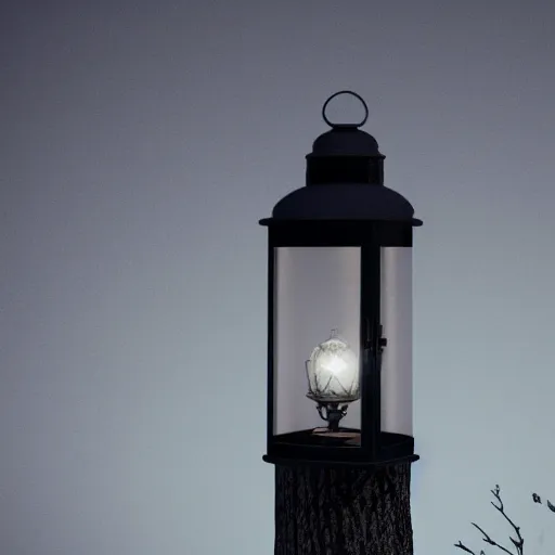 Prompt: lonely old lantern on empty modern street in the branches of a dry tree at night, octane render