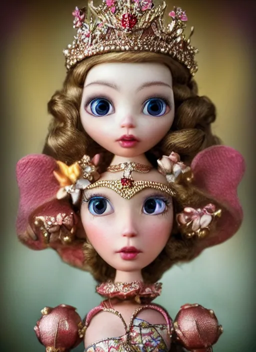 Image similar to closeup profile portrait of tin toy fairytale princess wearing a crown, depth of field, zeiss lens, detailed, symmetrical, centered, fashion photoshoot, by nicoletta ceccoli, mark ryden, lostfish, breathtaking, 8 k resolution, extremely detailed, beautiful, establishing shot, artistic, hyperrealistic, octane render