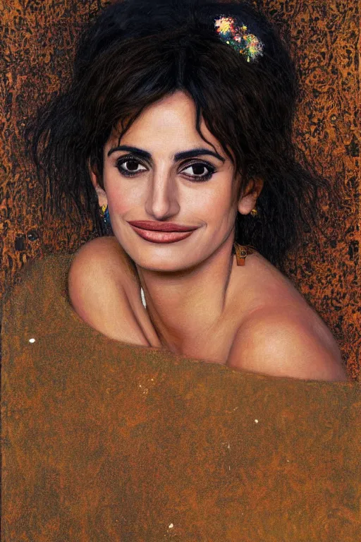 Image similar to oil painting, portrait of penelope cruz, artwork by gustav klimt