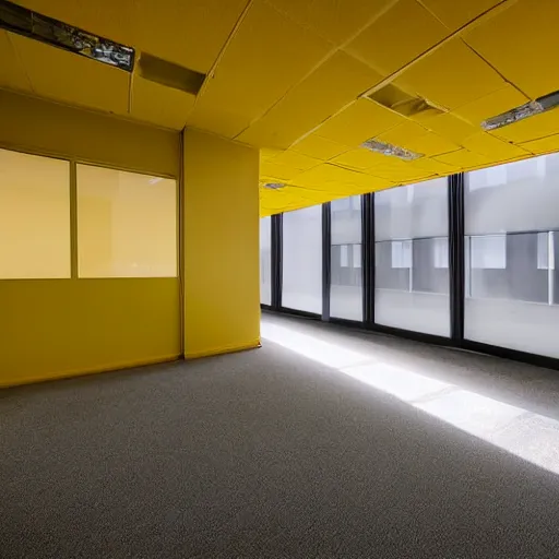 Image similar to an empty office space at night, eerie atmosphere, yellow hue