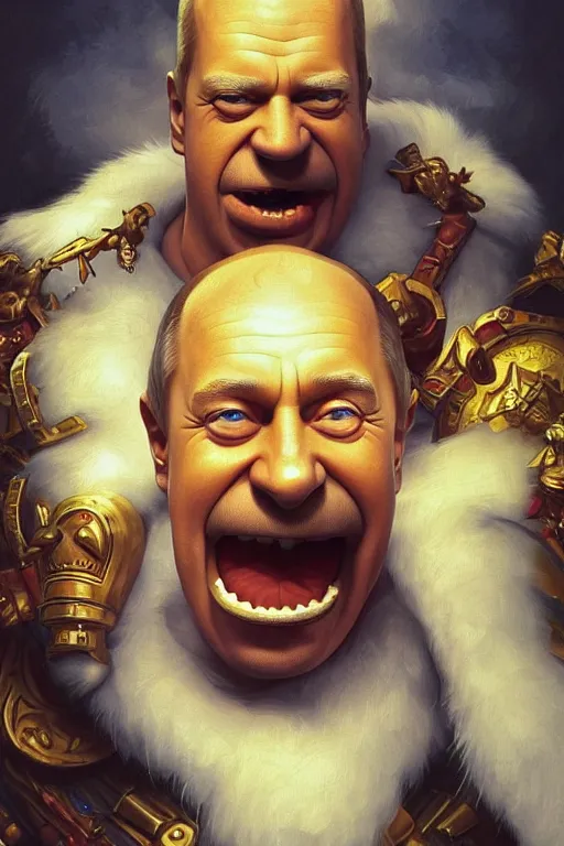 Image similar to vladimir putin as funny and stupid homer simpson, closeup, d & d, fantasy, intricate, elegant, highly detailed, digital painting, artstation, concept art, matte, sharp focus, illustration, hearthstone, art by artgerm and greg rutkowski and alphonse mucha