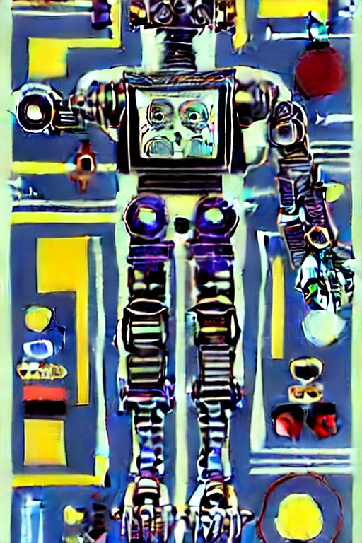 Image similar to a diagram of a robot body with various parts, cyberpunk art by eduardo paolozzi, behance contest winner, computer art, greeble, steampunk, poster art, james turrell, robert rauschenberg, andy warhol, pop art, czechoslovakia, surrealism, milton glaser, graphic design