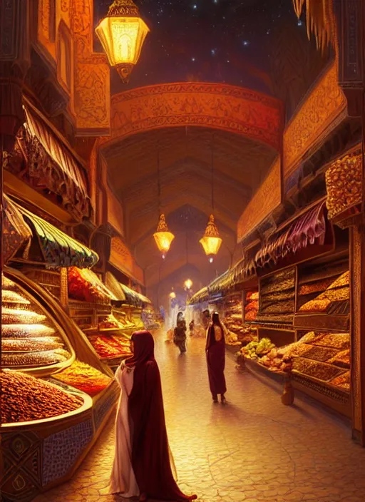 Image similar to a young arabian lady shopping at a desert spice market at night, shiny, fantasy, intricate, elegant, hyper detailed, ultra definition, photoreal, artstation, unreal engine rendered, concept art, smooth, sharp focus, illustration, art by artgerm and greg rutkowski and alphonse mucha and garis edelweiss