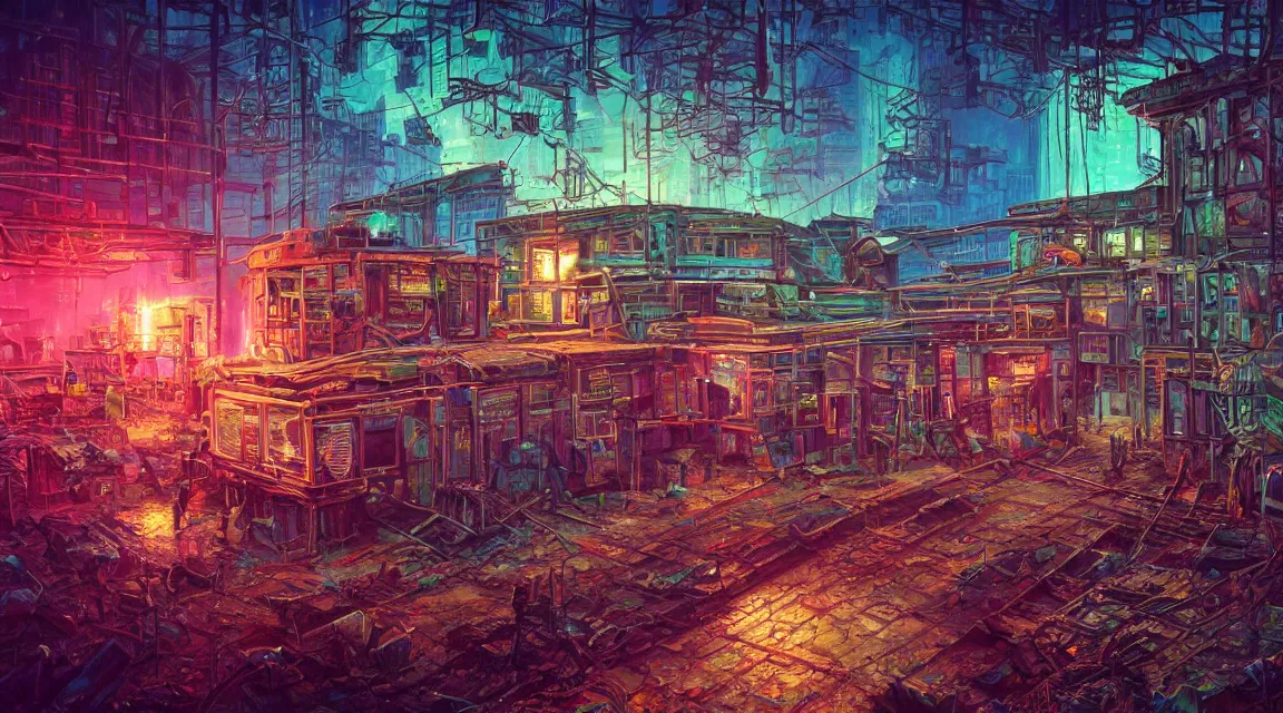 Image similar to Very highly detailed photo, post apocalyptic building, synthwave neon retro, by Vladimir Manyukhin, by Simon Stålenhag, by Guido Borelli, by Nathan Walsh, by Peter Gric, deviantart, trending on artstation, Photorealistic, vivid colors, polychromatic, glowing neon, geometric, concept art digital illustration, polished, beautiful, HDR Unreal Engine 64 megapixels IMAX Terragen 4.0, 8k resolution concept art filmic complex utopian mysterious moody futuristic