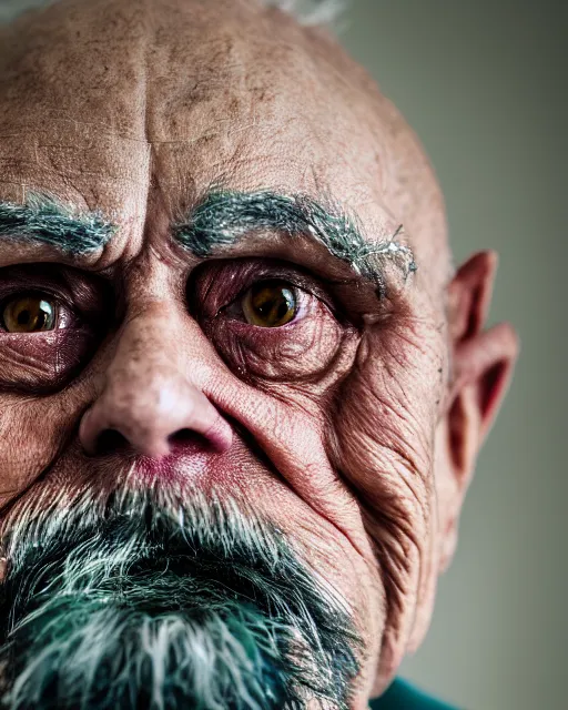 Prompt: A studio photo of the supervillain Green Goblin as an old man, 60 years old, bokeh, 90mm, f/1.4