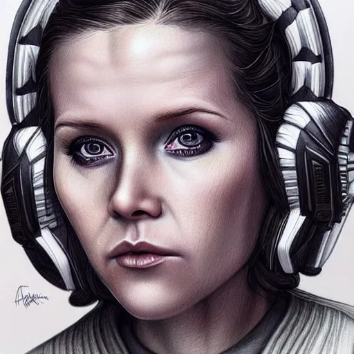 Prompt: hyper realistic drawing of Leia Skywalker, intricate detail, portrait, star wars, the force, space, princess by anna dittmann