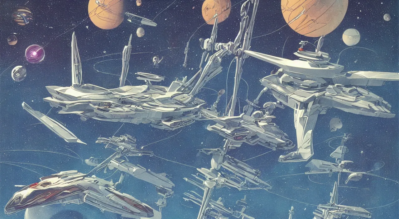 Image similar to A spaceship sailing through the universe, 80s sci-fi, Retro futurism,very detailed