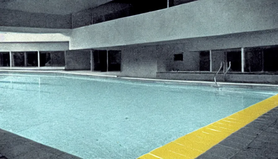 Image similar to 1 9 6 0 s movie still of empty yellow tiles swimmingpool, low quality, liminal space style