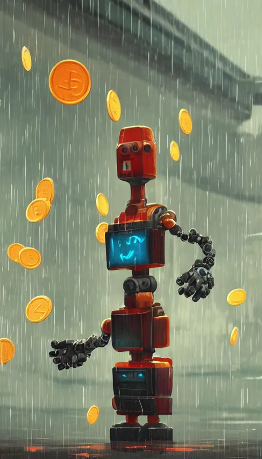 Image similar to videogame cabinet robot asking for coins in the rain, sharp focus, james gilleard, cinematic, game art, extremely detailed digital painting, print