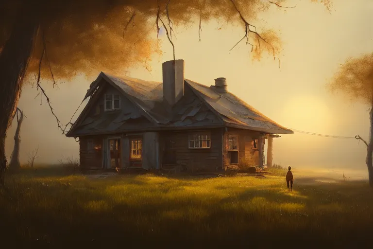 Image similar to a house in the shape of a human, rust, hyperrealistic, highly detailed, cinematic, single ray of sun, fog, beautiful, cgssociety, artstation, 8 k, oil painting