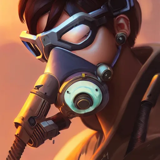 Image similar to overwatch tracer wearing a cyber gas mask, digital art, pretty face, very beautiful face, very detailed eyes, ultra detailed, by woop, greg rutkowski,