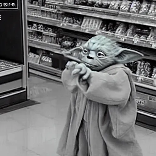 Prompt: CCTV footage of yoda robbing a supermarket