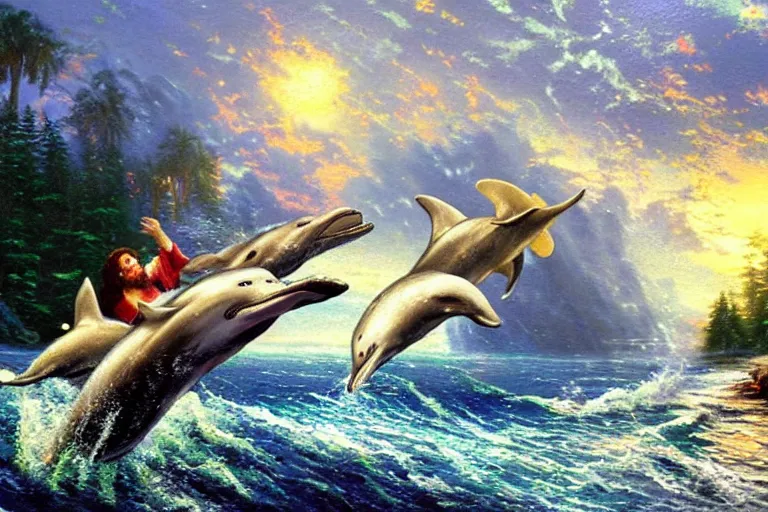 Prompt: thomas kinkade painting of jesus christ riding a dolphin with an uzi at chuck e cheese