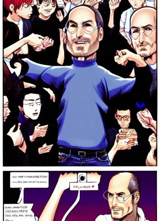 Prompt: steve jobs revealing the iphone at wwdc, manga comic, color, by katsuhiro otomo and hiroya oku and makoto yukimura