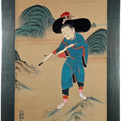 Prompt: the Chinese ancient painting of the imperial concubine playing football, by emperor Huizong of Song