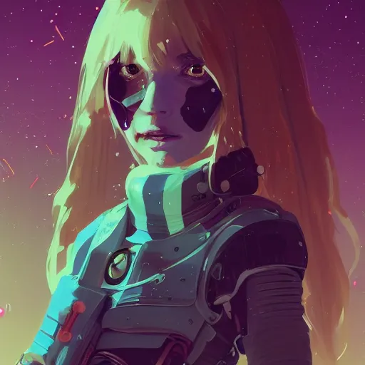 Prompt: highly detailed portrait of a hopeful young astronaut lady with a wavy blonde hair, by Dustin Nguyen, Akihiko Yoshida, Greg Tocchini, Greg Rutkowski, Cliff Chiang, 4k resolution, nier:automata inspired, dishonored inspired, vibrant but dreary but upflifting lime green, black and raspberry color scheme!!! ((Space nebula background))