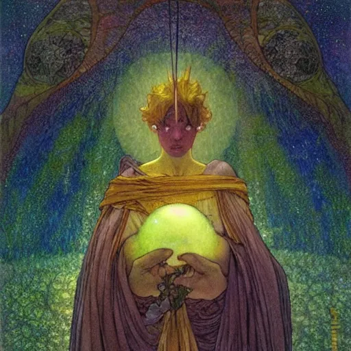 Prompt: Gaia looking down upon Earth, ethereal glow, drapery, 4k, art by Moebius, Brian Froud, John Bauer, Alphonse Mucha