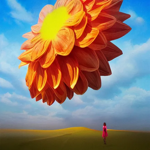 Image similar to closeup giant dahlia flower as a head, a girl walking between dunes, surreal photography, sunrise, blue sky, dramatic light, impressionist painting, digital painting, artstation, simon stalenhag