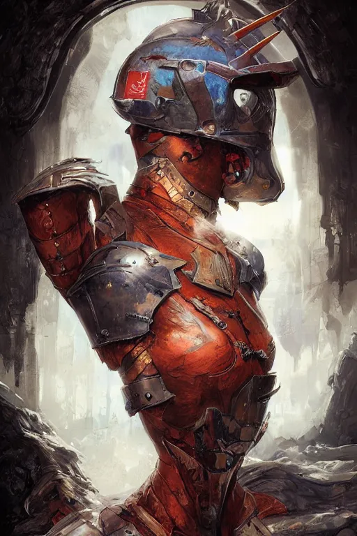 Image similar to portrait of the window unicorn slayer wearing scorched helmet by artgerm and Craig Mullins, James Jean, Andrey Ryabovichev, Mark Simonetti and Peter Morbacher 16k