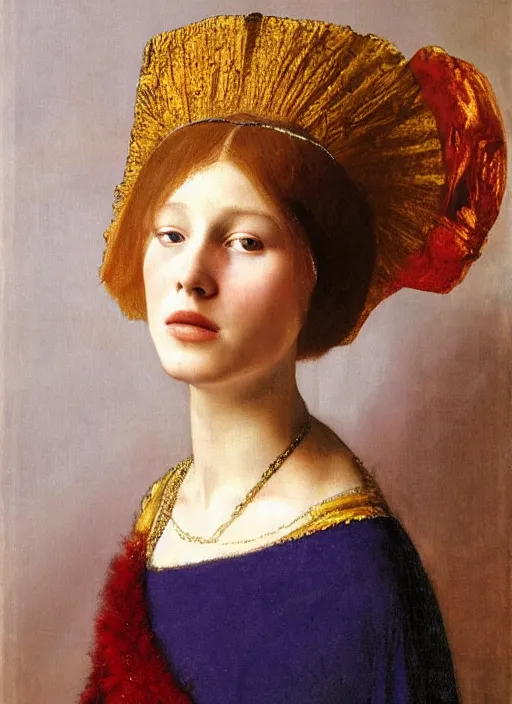 Image similar to portrait of young woman in renaissance dress and renaissance headdress, art by david hamilton