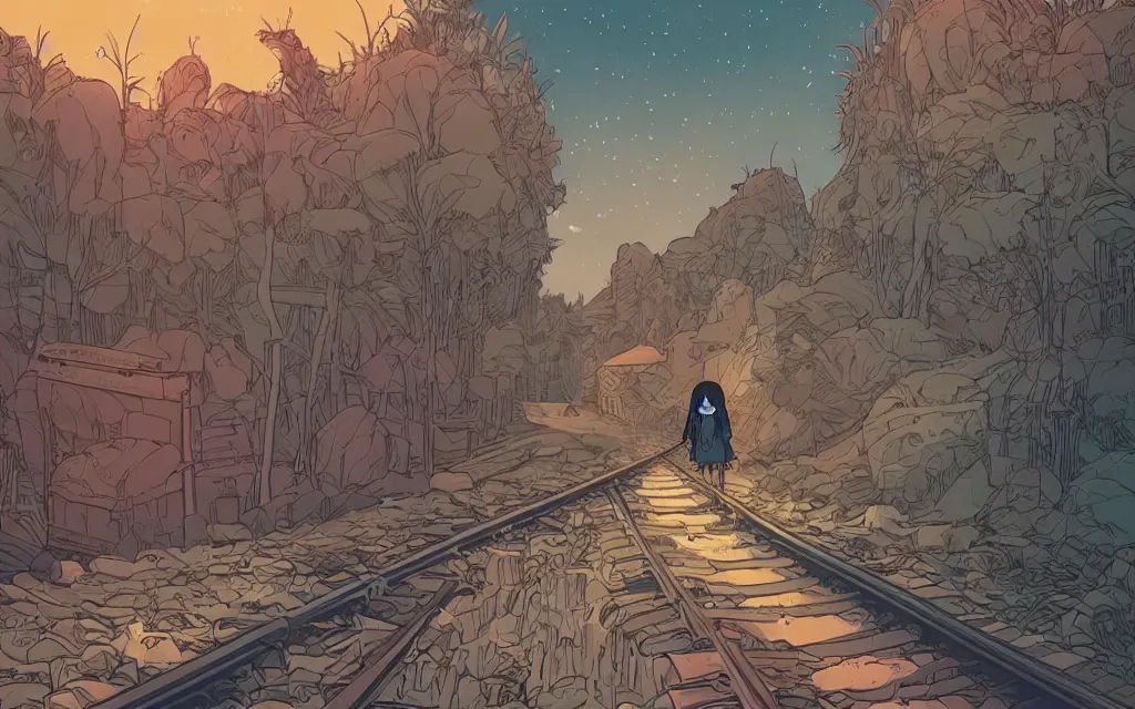 Image similar to very detailed, prophet graphic novel, ilya kuvshinov, mcbess, rutkowski, simon roy, illustration of a girl walking down train tracks with her dog, wide shot, colorful, deep shadows, astrophotography, award winning