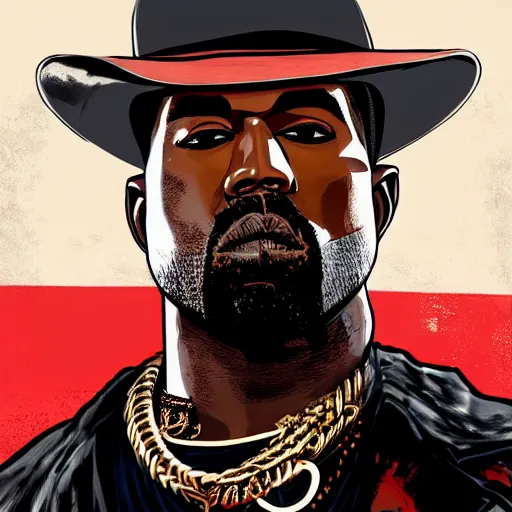 Image similar to kanye west in illustration red dead redemption 2 artwork of kanye west, in the style of red dead redemption 2 loading screen, by stephen bliss