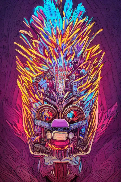 Image similar to totem animal tribal chaman vodoo mask feather gemstone plant wood rock video game illustration vivid color borderlands by josan gonzales and dan mumford radiating a glowing aura