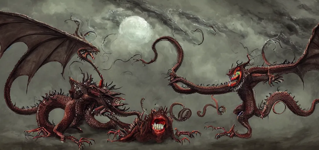 Image similar to concept art of dragon attack, lovecraftian, lots of teeth, melting horror, feathers, fighting the horrors of the unknown with laser guns