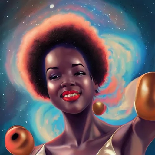 Image similar to black female astronaut with a celestial afro pin-up style by Artgerm, realist, trending on artstation