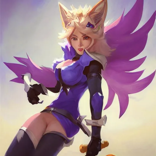 Image similar to greg manchess portrait painting of partially armored ahri from league of legends as overwatch character, medium shot, asymmetrical, profile picture, organic painting, sunny day, matte painting, bold shapes, hard edges, street art, trending on artstation, by huang guangjian, gil elvgren, ruan jia, randy vargas, greg rutkowski, gaston bussiere