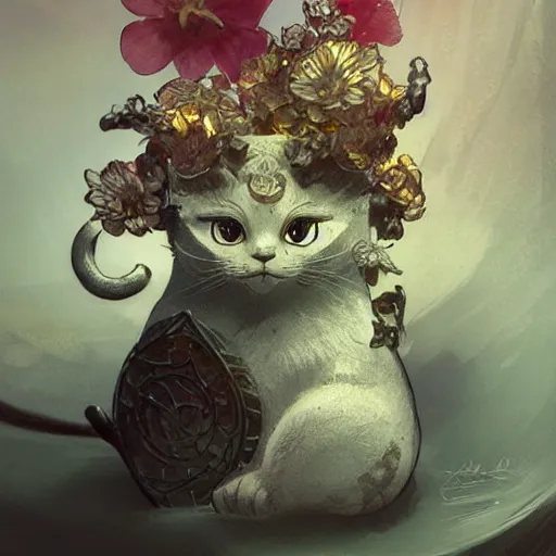 Image similar to A cute maneki neko, flowers around, D&D, fantasy, intricate, cinematic lighting, highly detailed, digital painting, artstation, concept art, smooth, sharp focus, illustration, art by Akihiko Yoshida, Greg Rutkowski and Alphonse Mucha