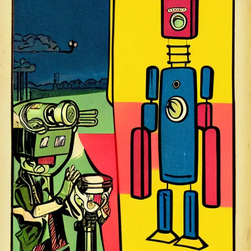 Prompt: Vintage illustration depicting a robot that waves hello