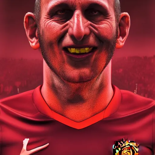 Image similar to avram glazer as the devil reincarnate, owner of manchester united football club, portrait, pure evil, devils horns, avram glazer, satan, hell, 8 k, hyperrealism, symmetry, cinematic lighting - h 9 6 0