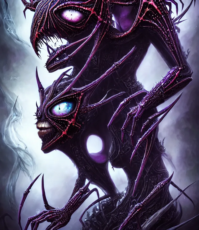 Image similar to close up portrait on the enchanting femenine queen of the zerg, hyper attractive, seductive, very complex, hyper-maximalist, overdetailed, legendary cinematic, darkfantasy, archetype with timeless beauty breathtaking eyes, her spider like legs spread evenly around her framing the image, collossal alien ship in the sky behind her, highly intricate, digital art, very elegant, HDR 8K, biblical art, realism, incomprehensible yet perspicious detail, unbeatable quality, silent hill aesthetic, photorealistic, lifelike, DSLR 8k, unbeatable coherency, Omnious intricate, octane render, created Nixeu & z--ed from deviantart
