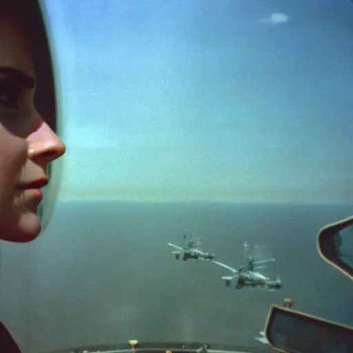 Prompt: film still, extreme far view, emma watson, in helicopter cockpit, apocalypse now, associated press, 2 6 mm, kodak ektachrome, blue tint expired film,