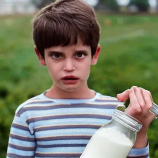 Image similar to milk commercial, kid is holding a comically huge vessel of milk and failing to drink it