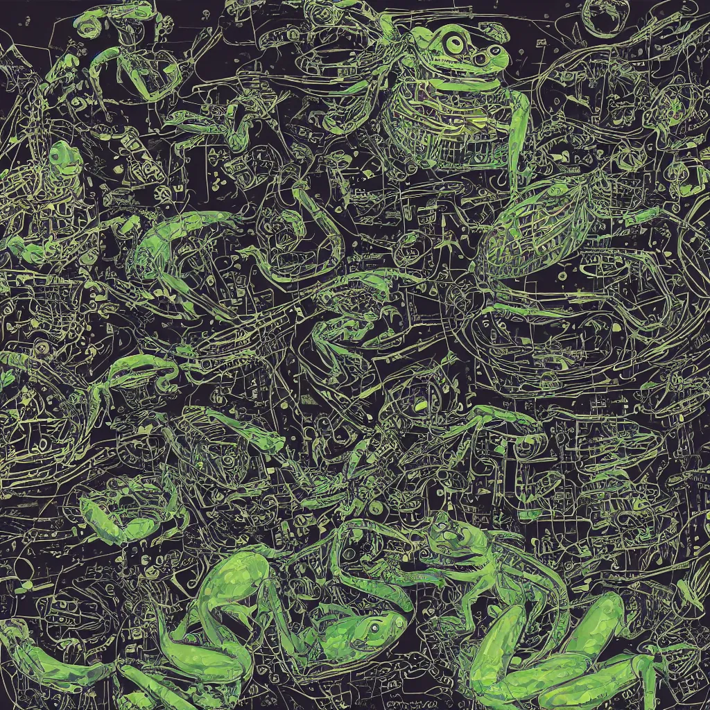 Image similar to toads, big toad, mechanical, technical, abstract, acrylic, oil, circuit board, computers, vektroid album cover, vectors, drips, dimensions, breakcore, leaks, glitches, frogs, amphibians, geometry, data, datamosh, motherboard, code, cybernetic, painting, dark, eerie, cyber