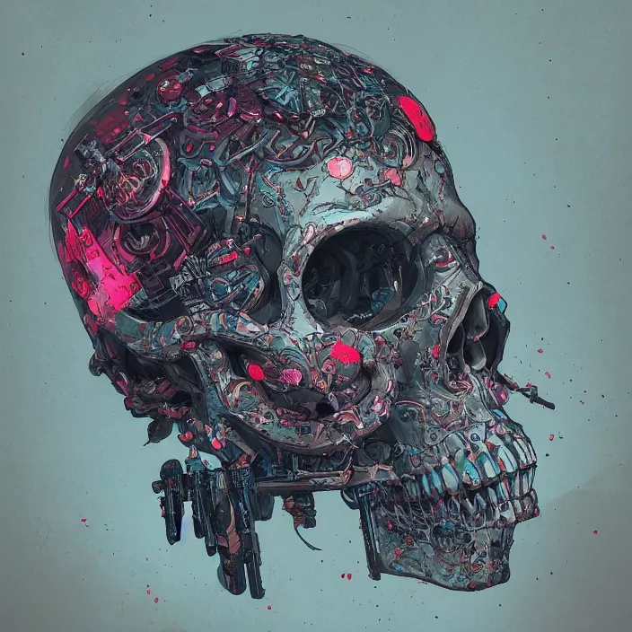 Image similar to a beautiful painting of a cyberpunk skull by james jean and pascal blanche and julian calle and nekro. in style of colorful comic noir illustration, symmetry, sci fi, hyper detailed. octane render. trending on artstation