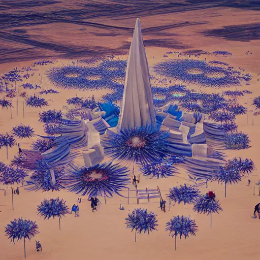 Image similar to highly detailed 3d render of burning man festival sculpture made of cornflowers by Beeple
