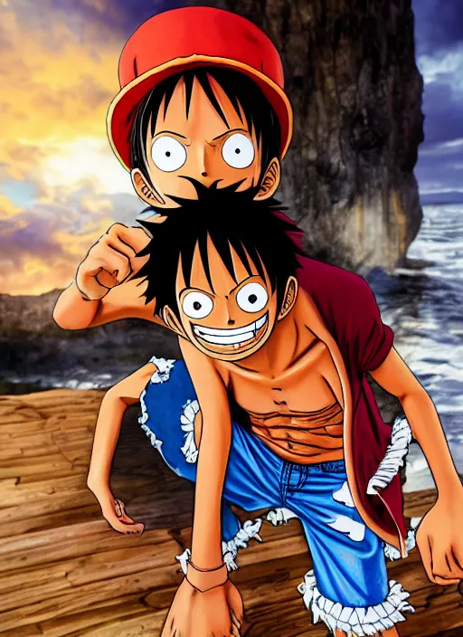 Image similar to A full portrait photo of real-life luffy one piece, f/22, 35mm, 2700K, lighting, perfect faces.