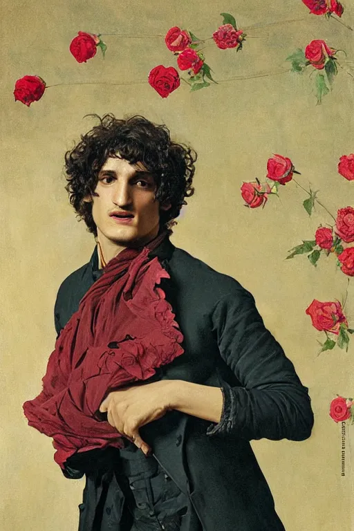 Prompt: body portrait of actor louis garrel posing as a matador in a garden of roses, colour painting by normal rockwell, guidi prime background by carl spitzweg
