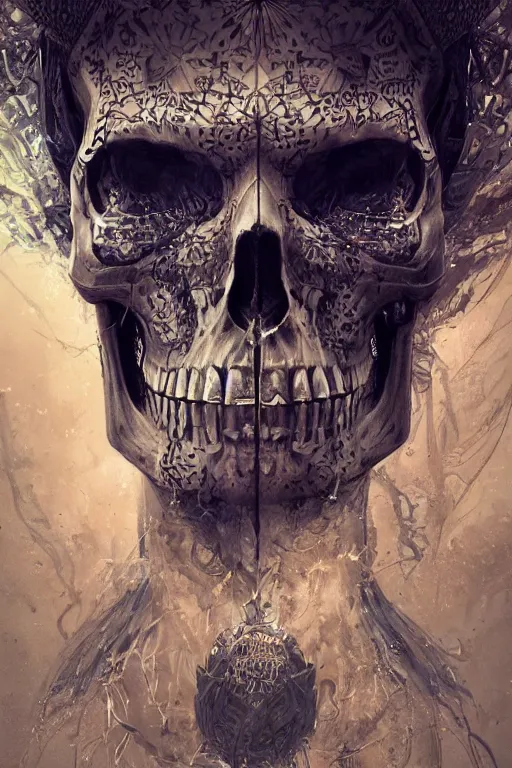 Image similar to concept art skull, the skull is decorated with art deco patterns, close - up portrait, powerfull, intricate, elegant, volumetric lighting, scenery, digital painting, highly detailed, artstation, sharp focus, illustration, concept art, ruan jia, steve mccurry