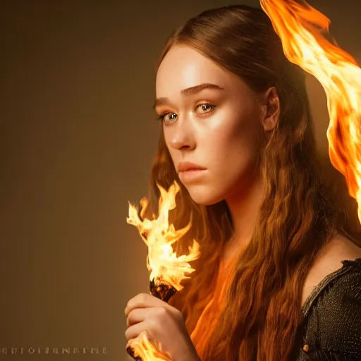 Prompt: full body of alycia debnam carey as a pyromancer , aruze colour aura, dreamwalker, EOS R5, f/2.8, HDR, studio light, medium close shot, dynamic pose, award winning photograph, Michelangelo style