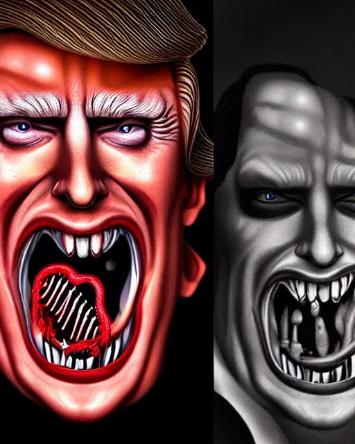 Image similar to donald trump dracula, fangs, character portrait, close up, concept art, intricate details, hyperrealism, in the style of otto dix and h. r giger