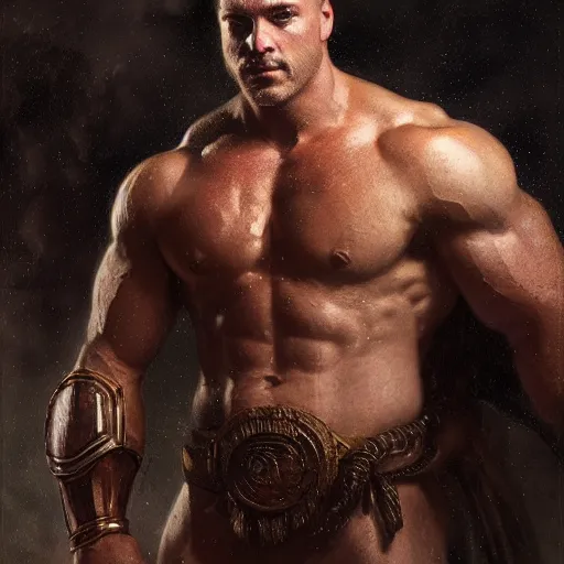 Prompt: handsome portrait of a spartan guy bodybuilder posing, radiant light, caustics, war hero, translucent rainstorm, steel bull run, by gaston bussiere, bayard wu, greg rutkowski, giger, maxim verehin